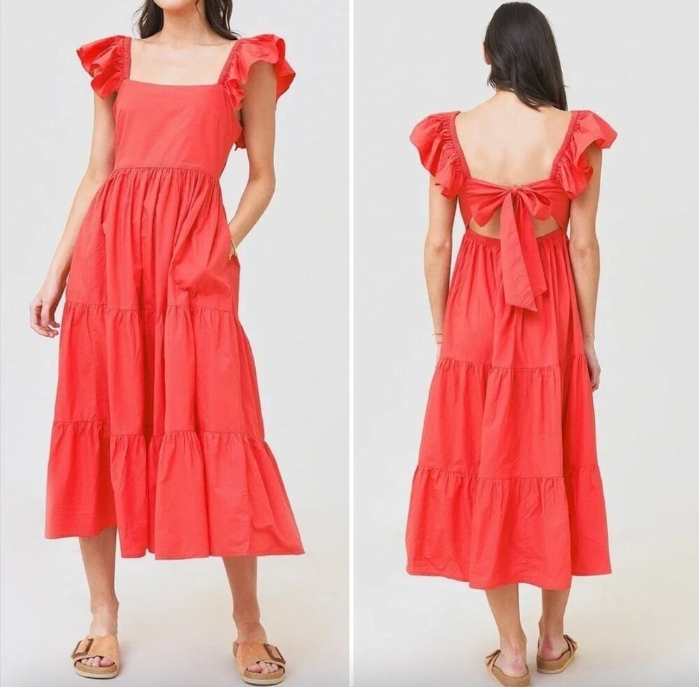 Oliphant Medium 100% Cotton Vacation Red Coral Tiered Luxury Midi Dressi Dress